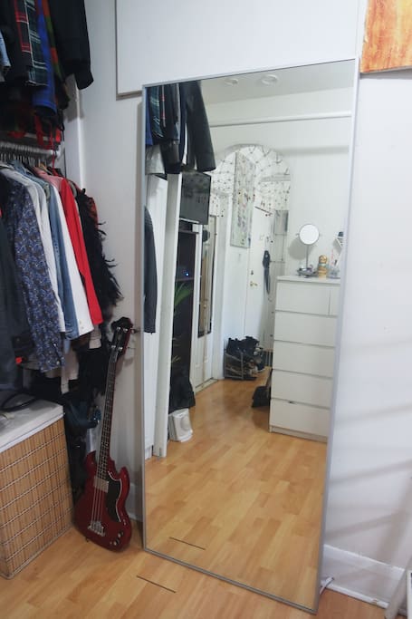 Large full length mirror. Some closet space will be available if you need to hang clothes.
