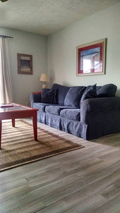 Comfy couch in a bright Livingroom off the Ocean-side deck