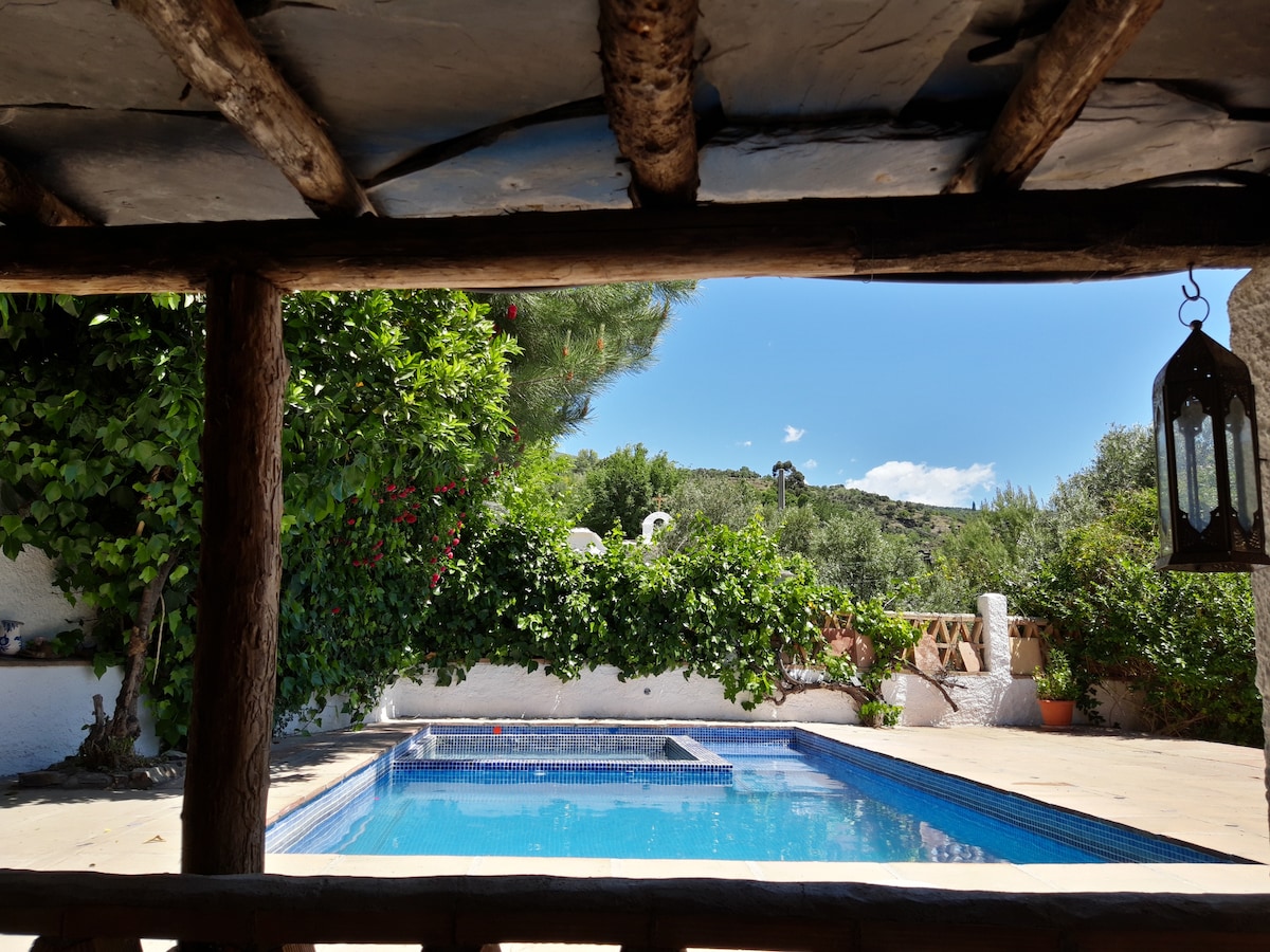 The image captures a refreshing blue splash pool framed by lush greenery and flowering vines. Sunlight highlights the pool's clear water, while a shaded area created by rustic wooden beams offers a moment of relaxation. A serene landscape stretches in the background.