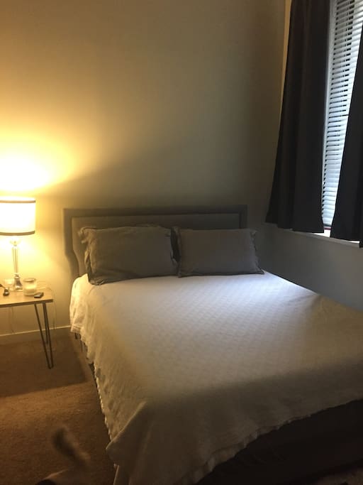 Bedroom with Queen bed, desk and blackout curtains