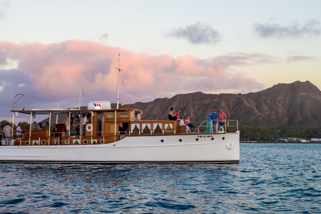 The Vida Mia is moored with a Diamond Head view