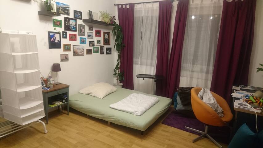 Room in a centrally located flat with large patio.