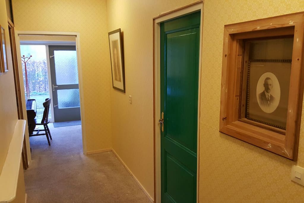 Hal en groene deur naar slaapkamer / hallway and green door to bedroom