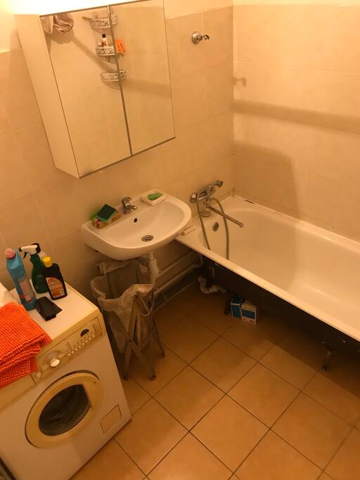 Bath. 6 m2. The washing machine does not work, unfortunately. Hot and cold water, hair dryer, sink, towels