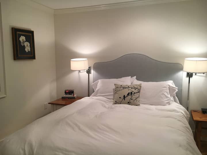 Queen sized bed in master bedroom with super soft bamboo sheets and custom headboard.