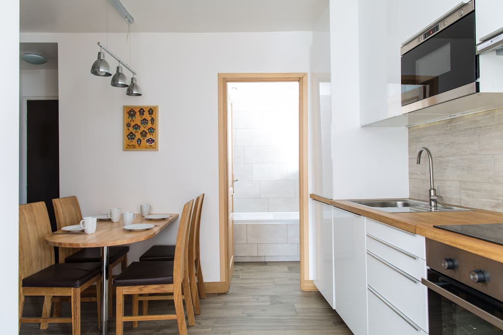 The dining area and kitchen
