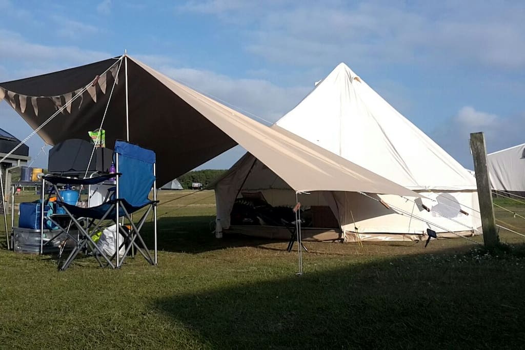 Awning with fully equipped kitchen, so you can enjoy camping what ever the weather.