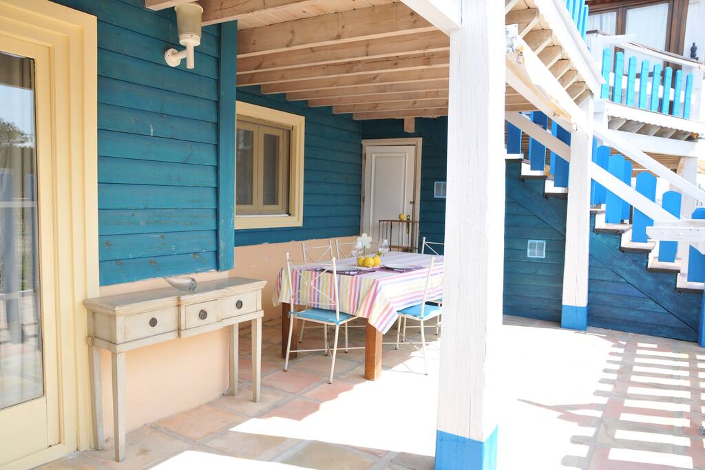 front of the wooden villa