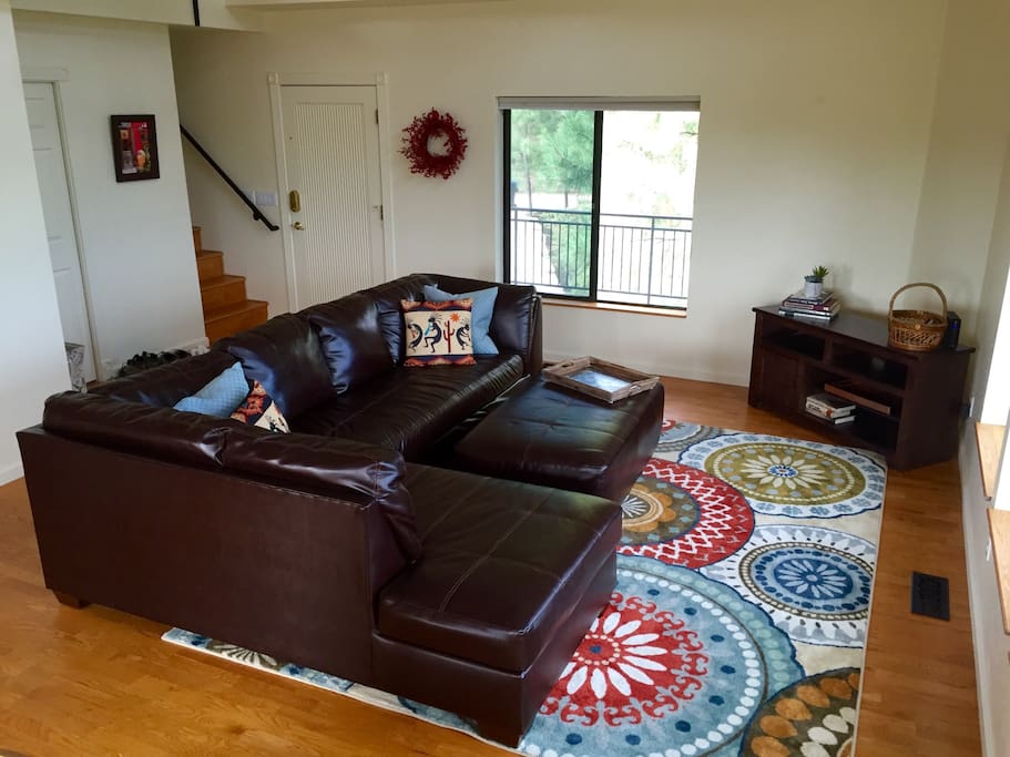 Bright living room with the most comfortable leather couch ever
