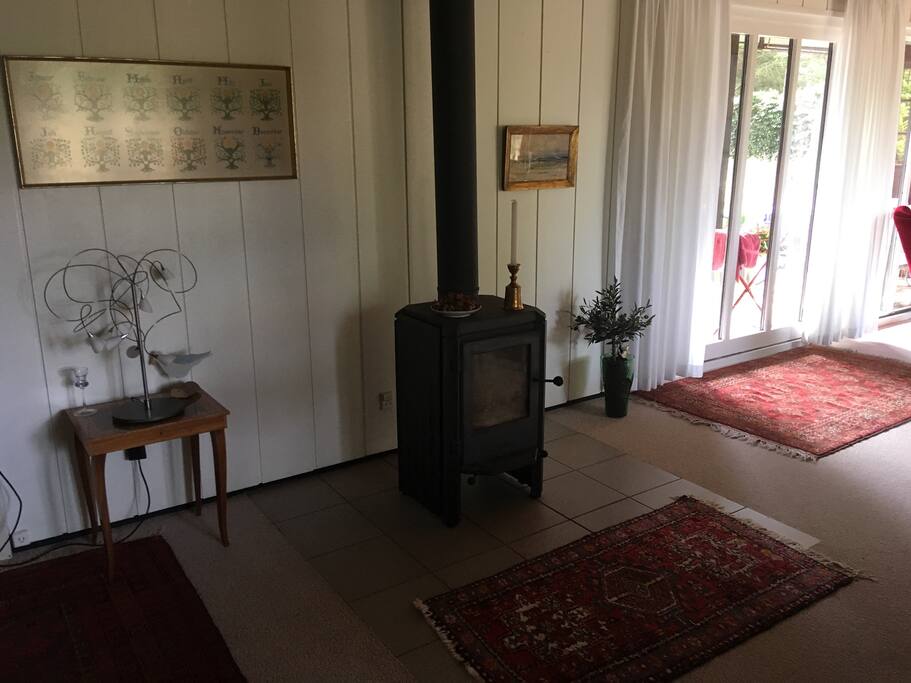 Dette er brændeovn,og udsigt til 2. Store terasse