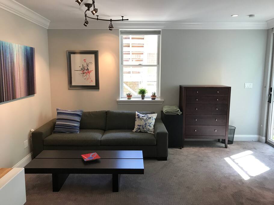 The studio has a comfy couch and plenty of storage for your clothes.