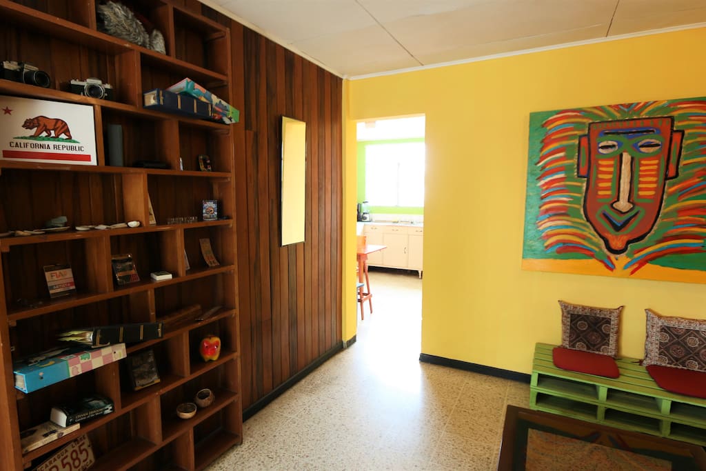 The living room has room for your books and souvenirs.