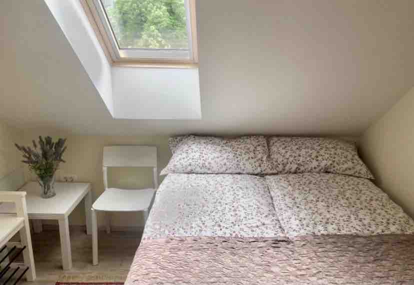 A cozy sleeping area features a spacious bed with floral-patterned bedding. A small white chair is positioned beside a minimalist table which holds a vase with dried flowers. Natural light enters through a skylight, illuminating the room.