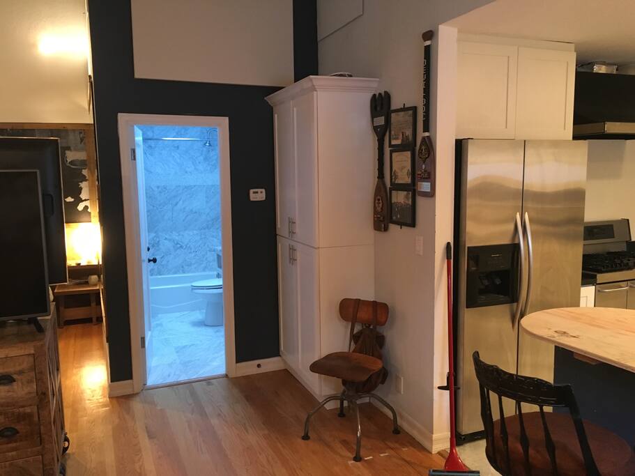 Storage and full bathroom. Vaulted ceilings, skylight.