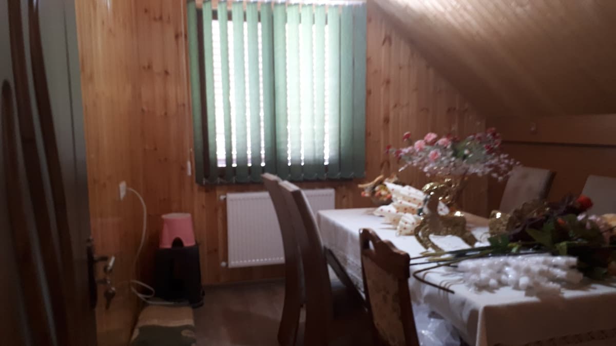 A dining area is presented with a wooden table surrounded by chairs. Green-striped curtains cover the window, allowing filtered light to enter. Decorative items, including flowers, are placed on the table, and a small pink item is visible in the corner.