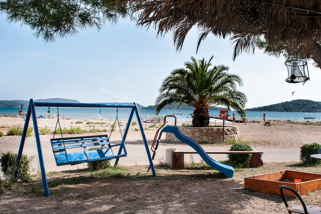 The beach playground with a café and fast food