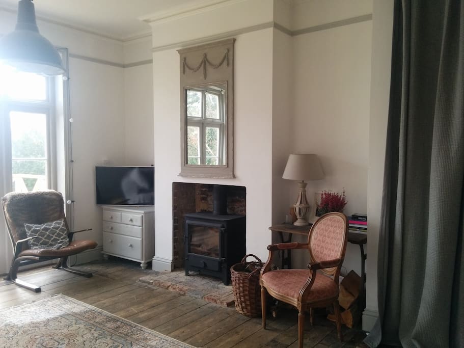 Living room with large wood burner