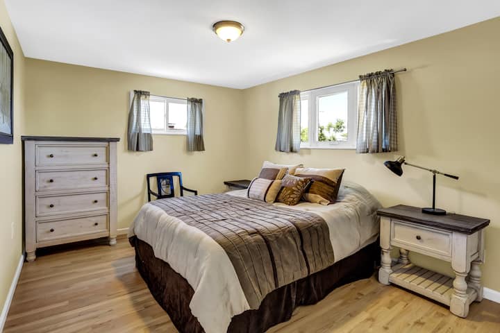 master bedroom . . . largest bedroom with picture of moose on wall (only picture on the walls that was NOT taken in Colorado) . . . one has got to love the fibonacci chair too . . . also be sure to look out this highest back window during sunset!!!