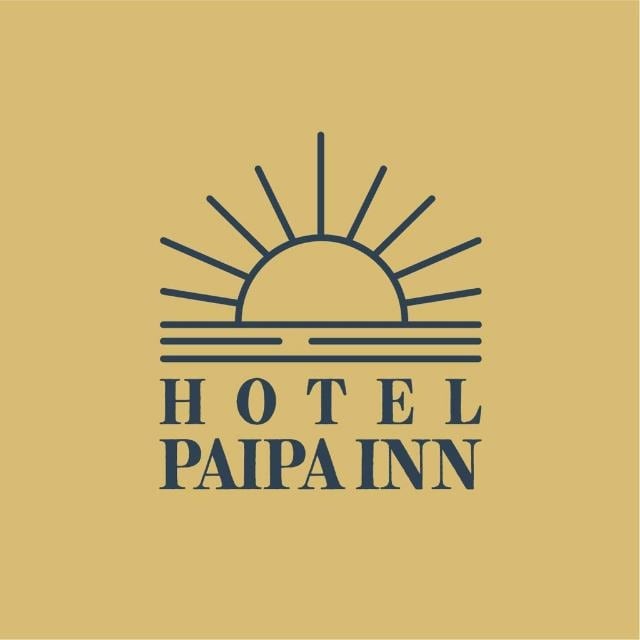 The hotel logo features a sun rising over stylized waves, represented in a minimalist design. The sun is depicted with rays extending outward, creating a sense of warmth. The text 'HOTEL PAIPA INN' is prominently presented below the graphic in a clean, bold font.