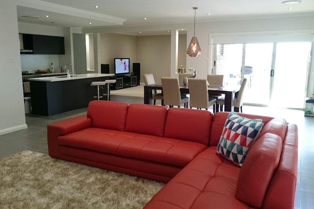 Open living room with kitchen area