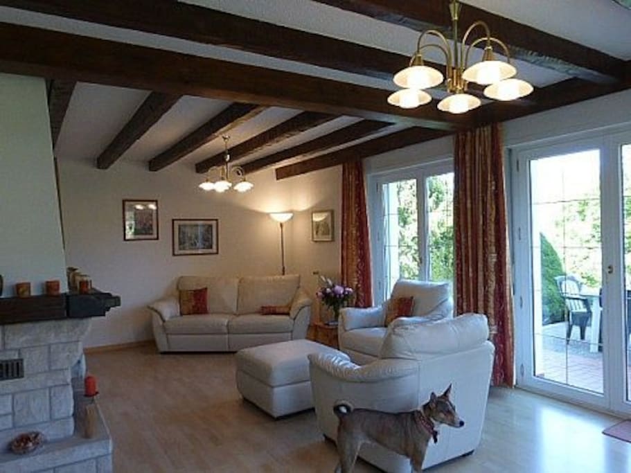 The living room with open fireplace and view to the garden