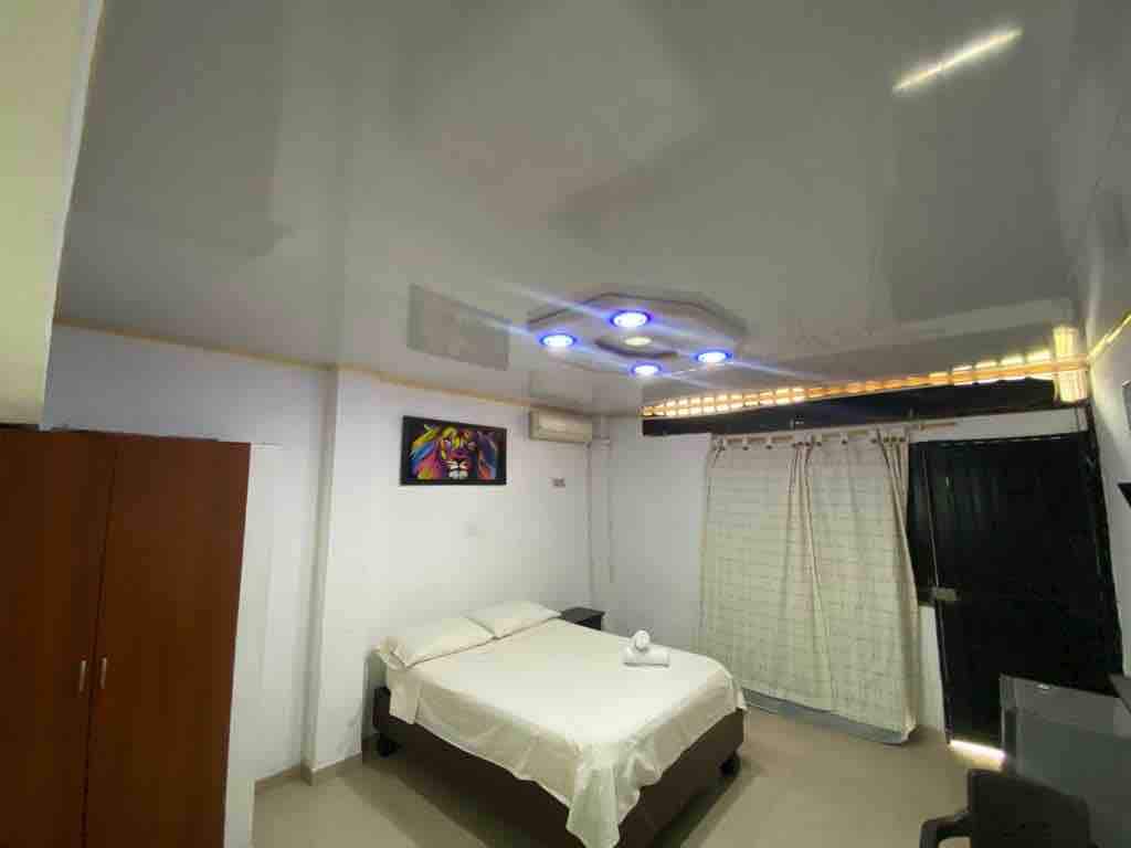 The room features a spacious bed covered with a light-colored blanket. A modern light fixture illuminates the ceiling, and a wardrobe is positioned against the wall. Art decoratively enhances the space, which includes window coverings and a door leading outside.