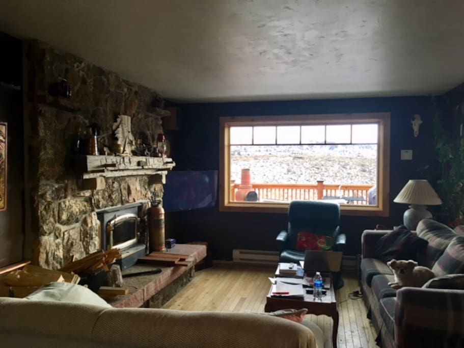 Living room area with wood burning fireplace and picture window