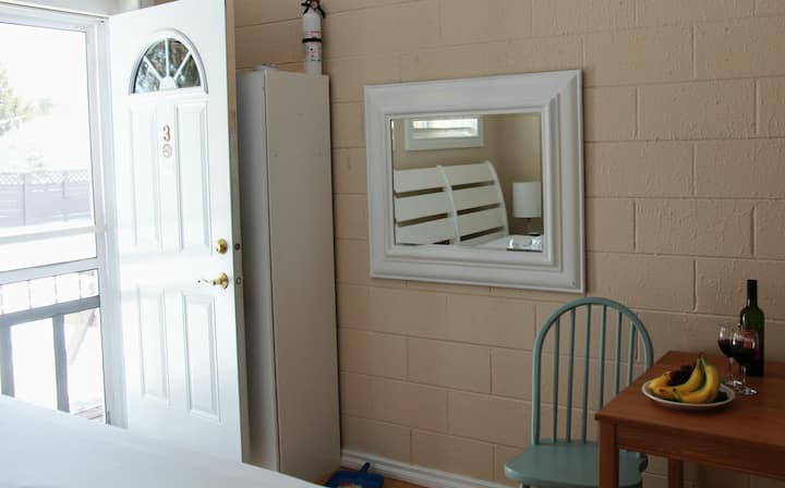 Entrance to the cabin, view of dining table