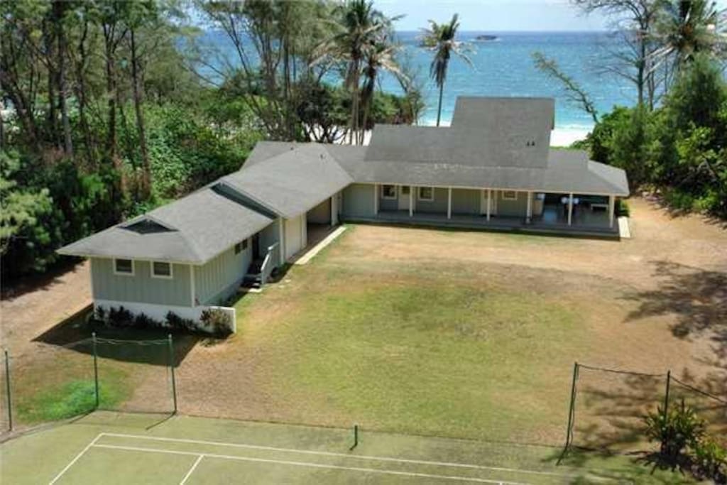 Aireal view of the house, looking across the sport court