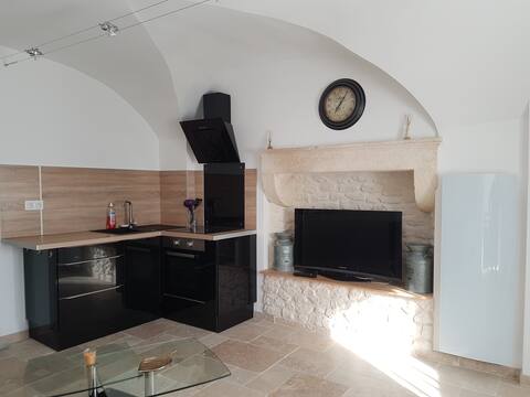 Unusual apartment in stone house.