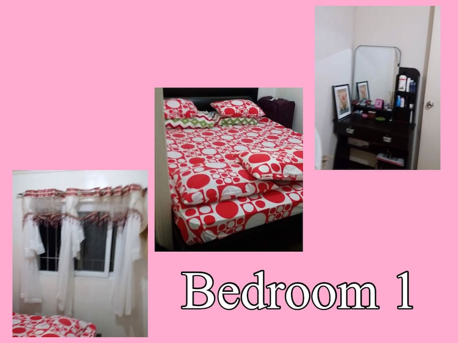 Queen size bed | closet | cabinet with mirror | electric fan