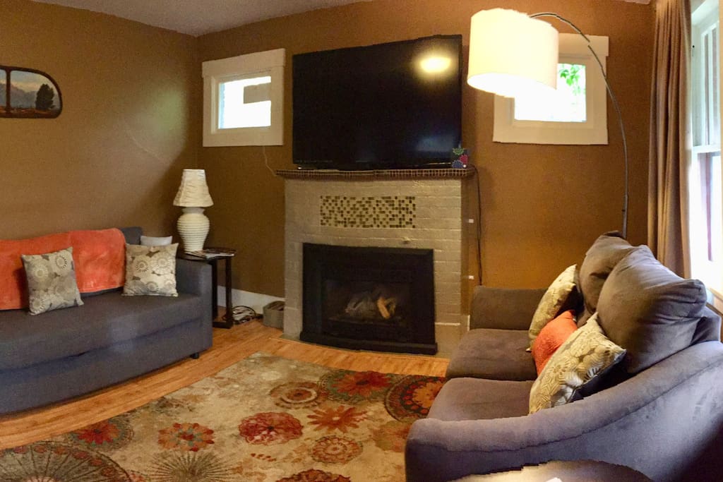 Living room view from front entrance.
50” “Smart” TV with DVD player, a few DVD’s & Antenna for local Channels.
Fold out couch