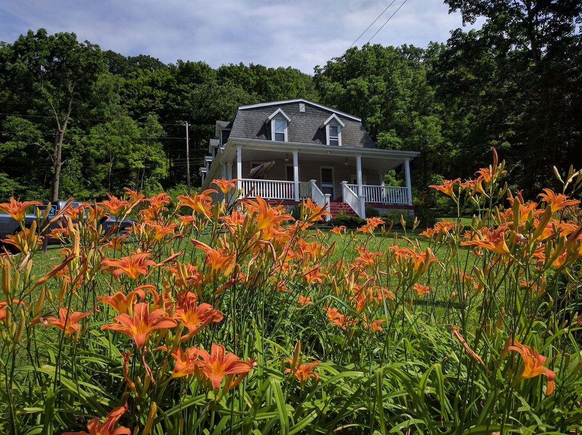 A charming house with a gabled roof is surrounded by vibrant orange flowers in the foreground. Lush green trees provide a backdrop, while a wraparound porch enhances the home’s inviting presence. The property is set on a grassy area with clear blue skies overhead.