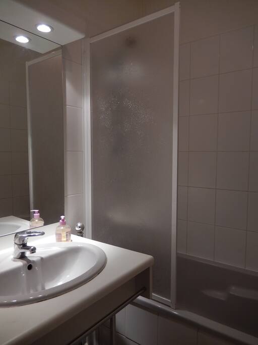 Salle d'eau avec baignoire.