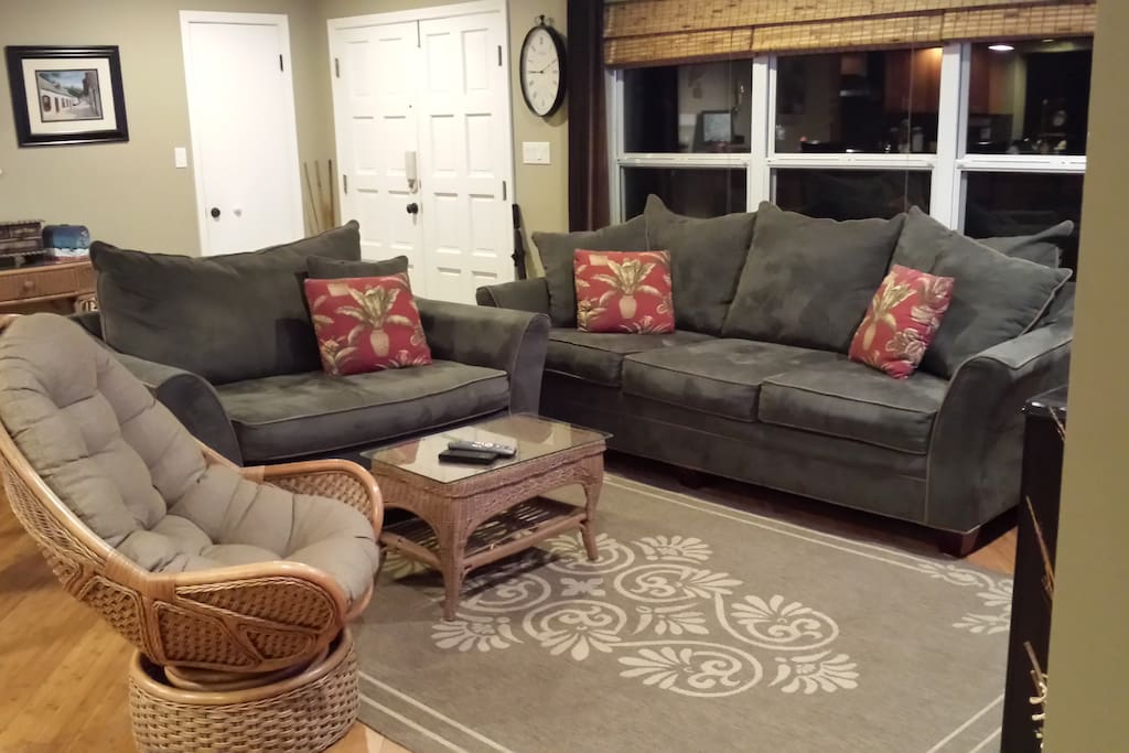 Comfy suede couch loveseat and chair.