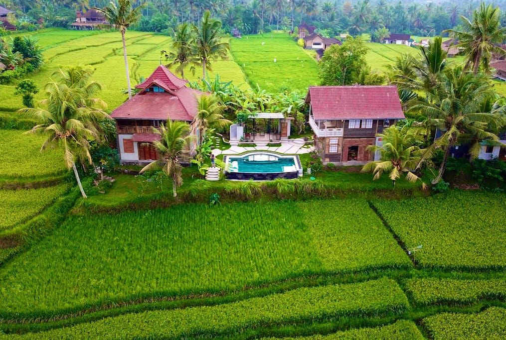 Drone footage showing the two villas and shared pool