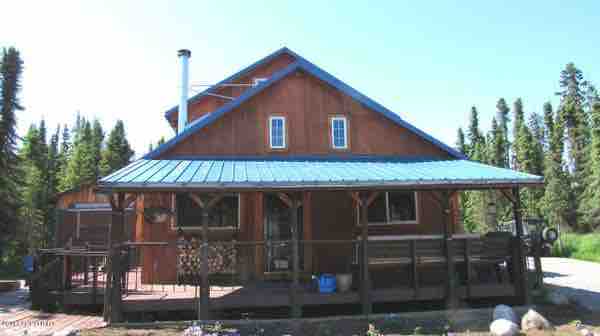 A wooden house with a blue metal roof is surrounded by tall trees. A spacious porch features dark wooden railings and an area for seating. The front door is framed by windows, allowing natural light to fill the entryway.