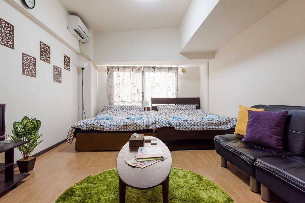 Double bed x2 sofa bed x1 wide room.