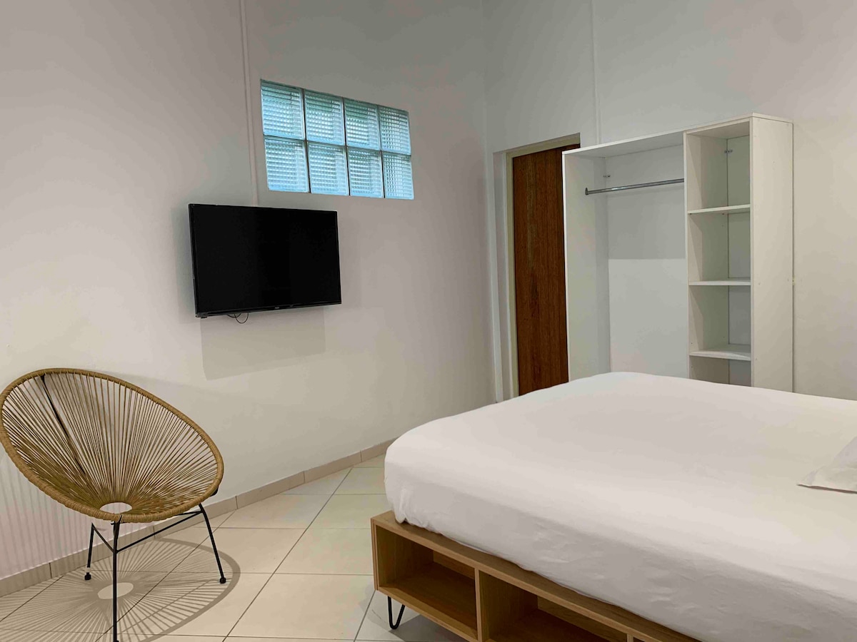 A well-lit studio features a spacious bed with a simple white coverlet. A modern flat-screen TV is mounted on the wall. Nearby, a stylish chair adds a touch of design, while a wall closet provides storage space. The room is designed for comfort and functionality.