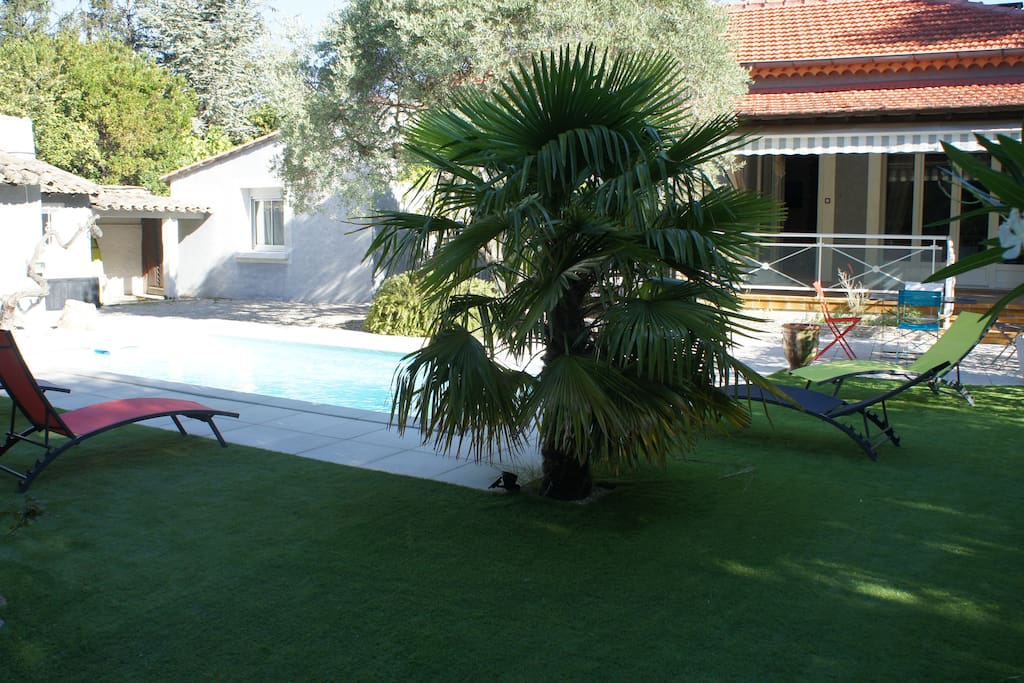 Entrée de la maison avec la piscine et sa pelouse