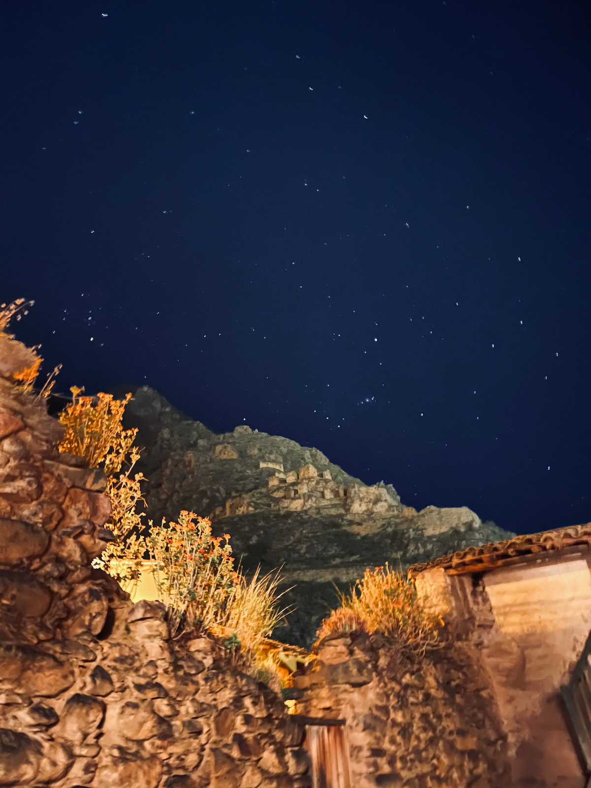 The image captures a night scene with a view of a mountainous landscape illuminated by starlight. Ancient stone walls and vegetation line the foreground, providing a rustic and tranquil atmosphere against the dark sky filled with stars.