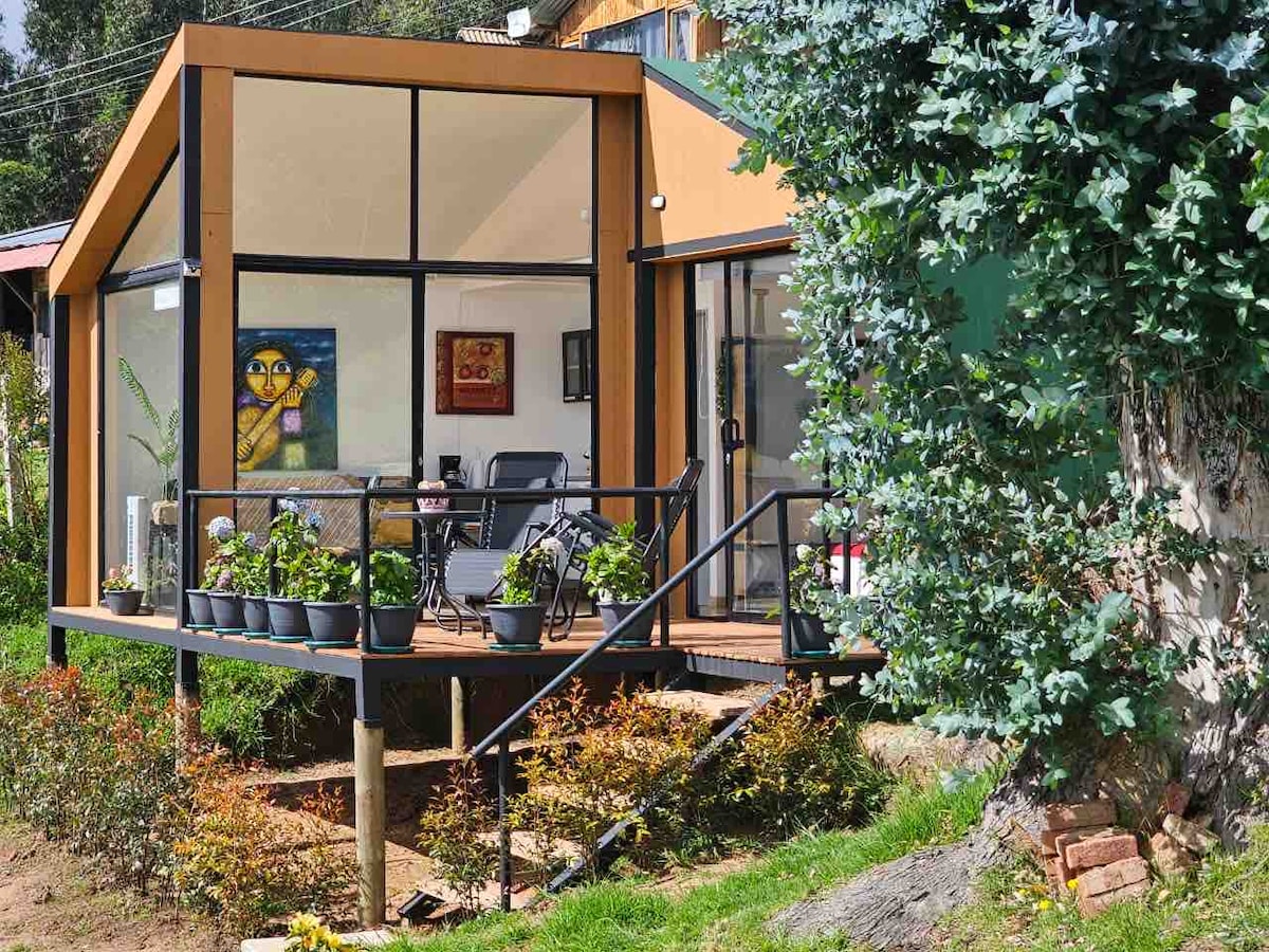 A modern cabin exterior is shown, featuring a triangular roof and large windows. A seating area with two chairs is visible on the porch, surrounded by potted plants. Steps lead up to the entrance, with lush greenery framing the structure.