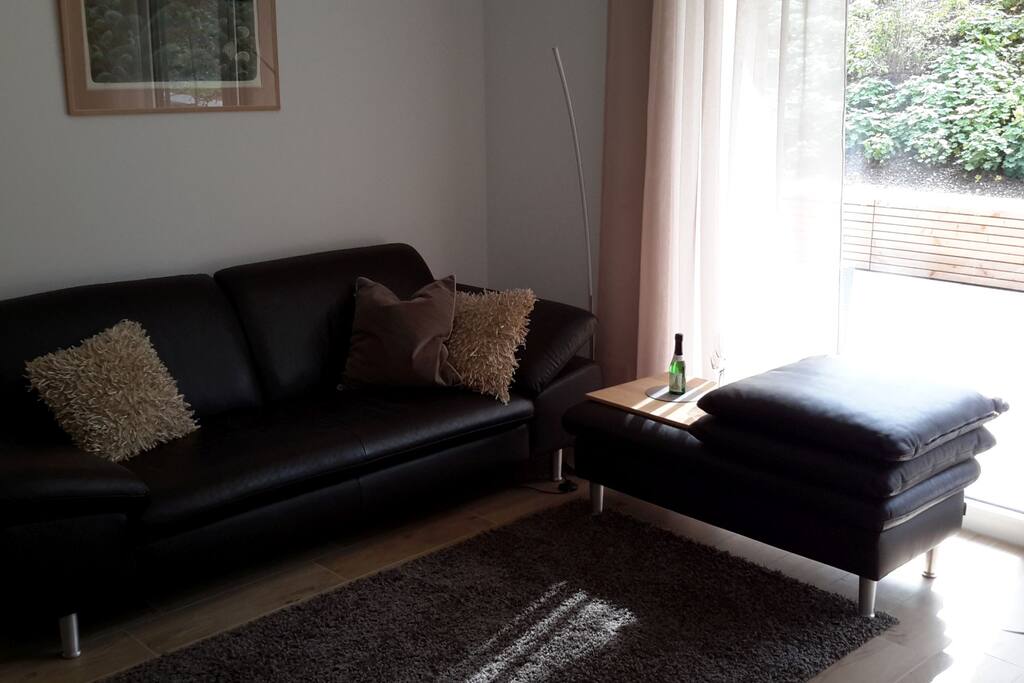 Helles Wohnzimmer mit bequemer Leder Couch und Zugang zur großen Terrasse