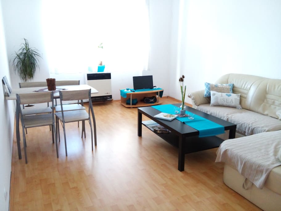 Spacious living room, fold out couch, Tv, internet, cd player/radio, maps of Prague, table set up