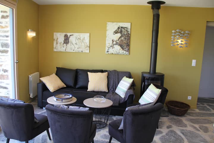 منطقة المعيشة ، مع سرير أريكة ، وموقد يعمل بحرق الخشب.