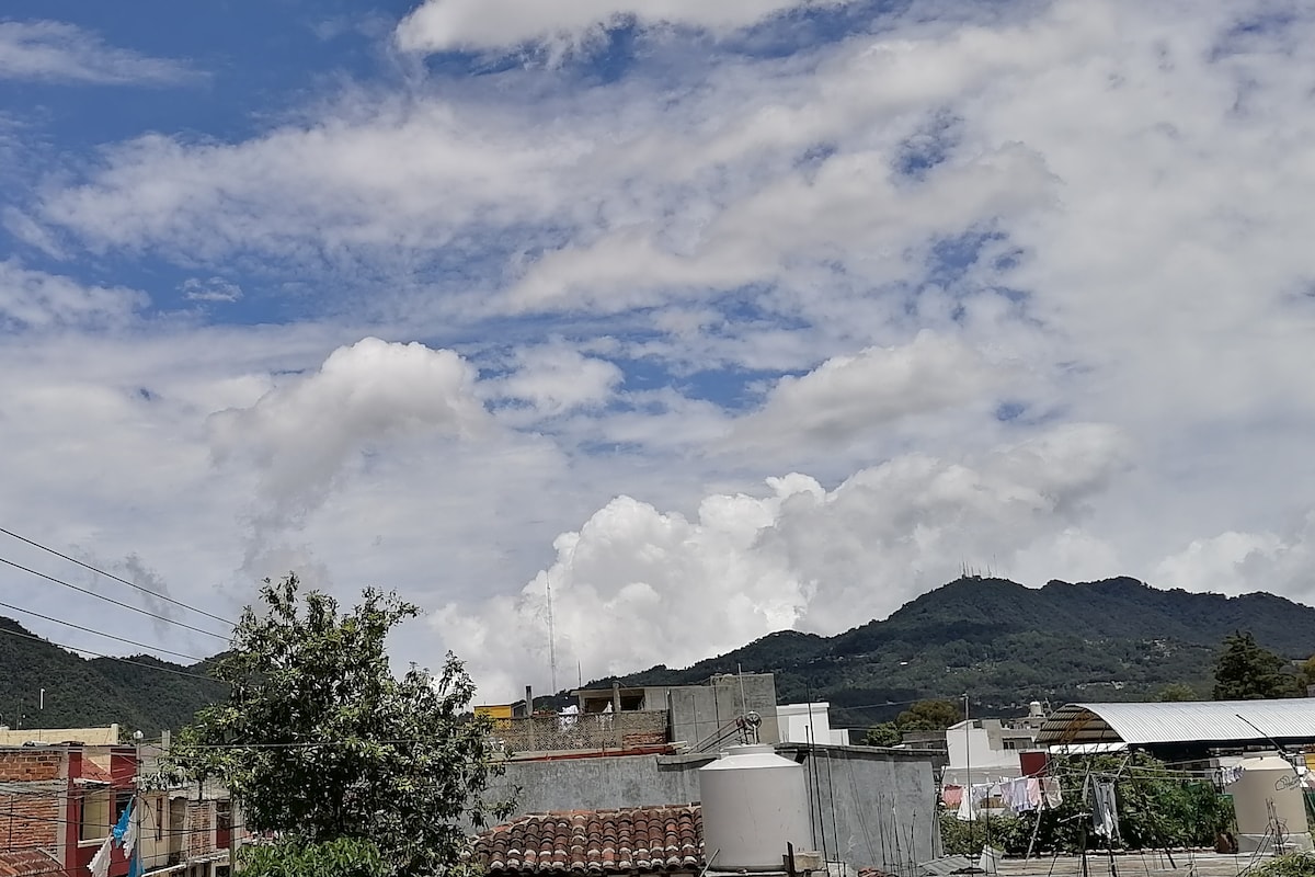 A panoramic view reveals a mix of buildings and rooftops, with lush mountains in the background. The sky is partly cloudy, showcasing a range of white clouds against a bright blue backdrop. The green foliage of a nearby tree adds a touch of nature to the scene.