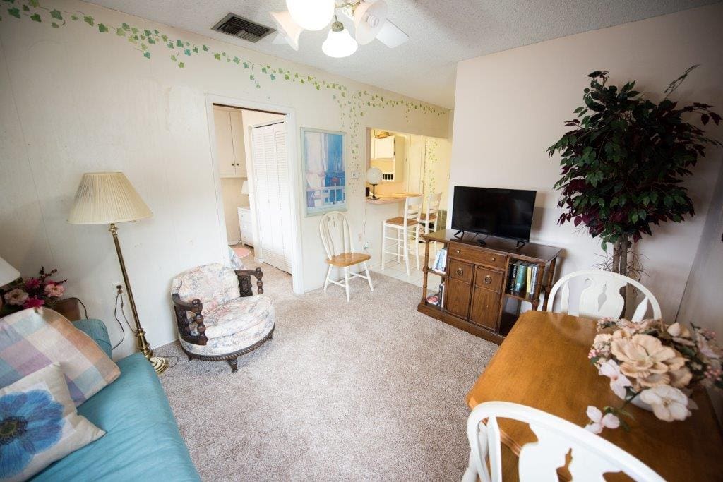 View from the living room showing the breakfast bar