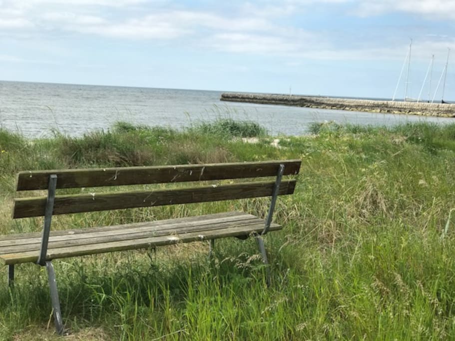 Stranden med utsikt mot Gislövs småbåtshamn