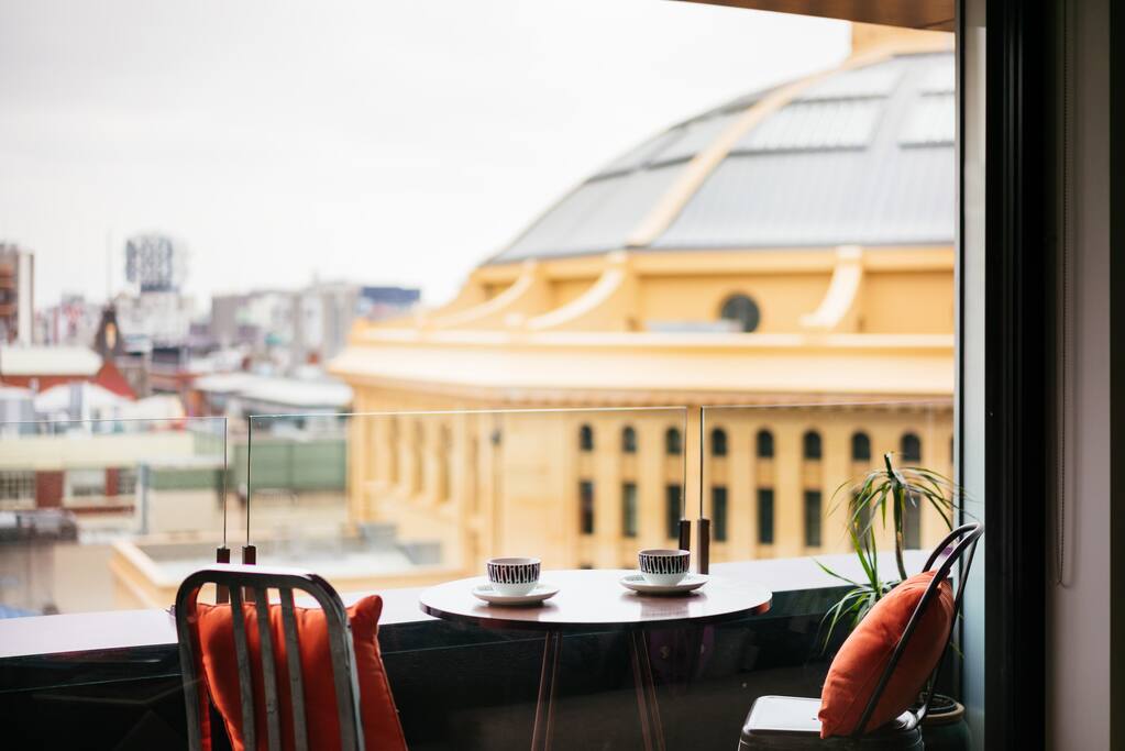 Enjoy a morning coffee or tea on the spacious terrace overlooking the iconic 160 year old State Library of Victoria.