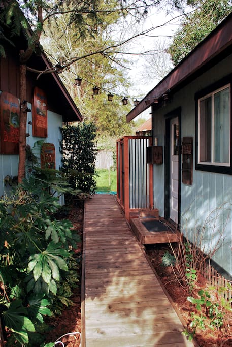 Walkway to cabin - magical lit up at night